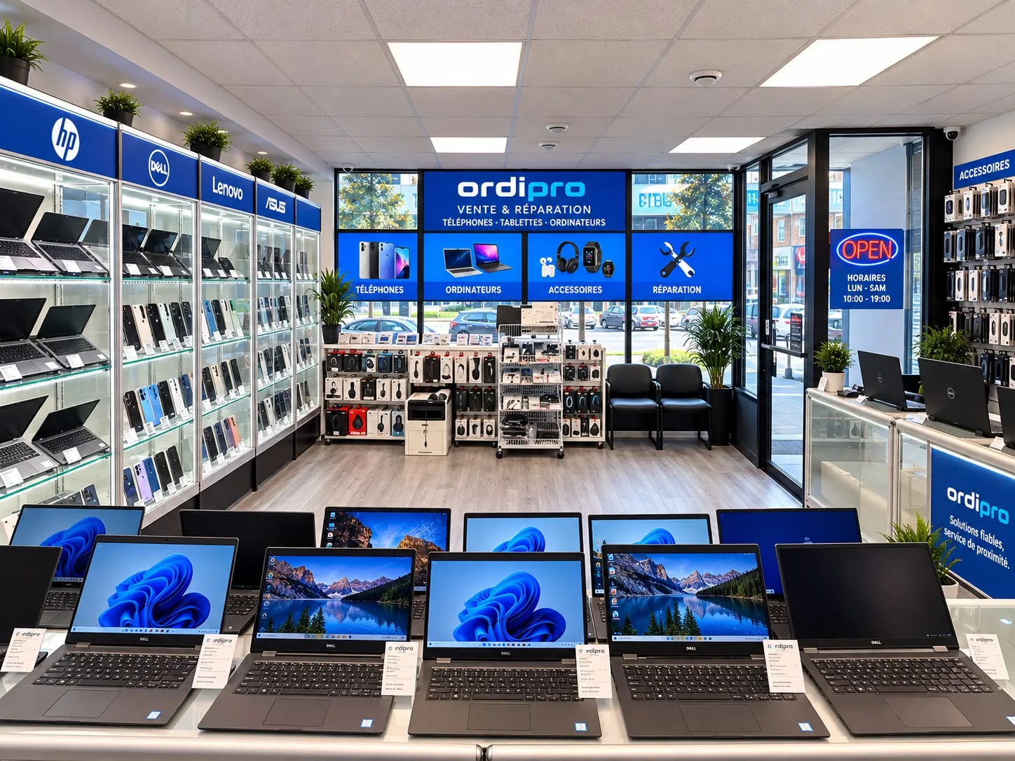Vue intérieure de la boutique OrdiPro Solutions avec ordinateurs, téléphones et accessoires