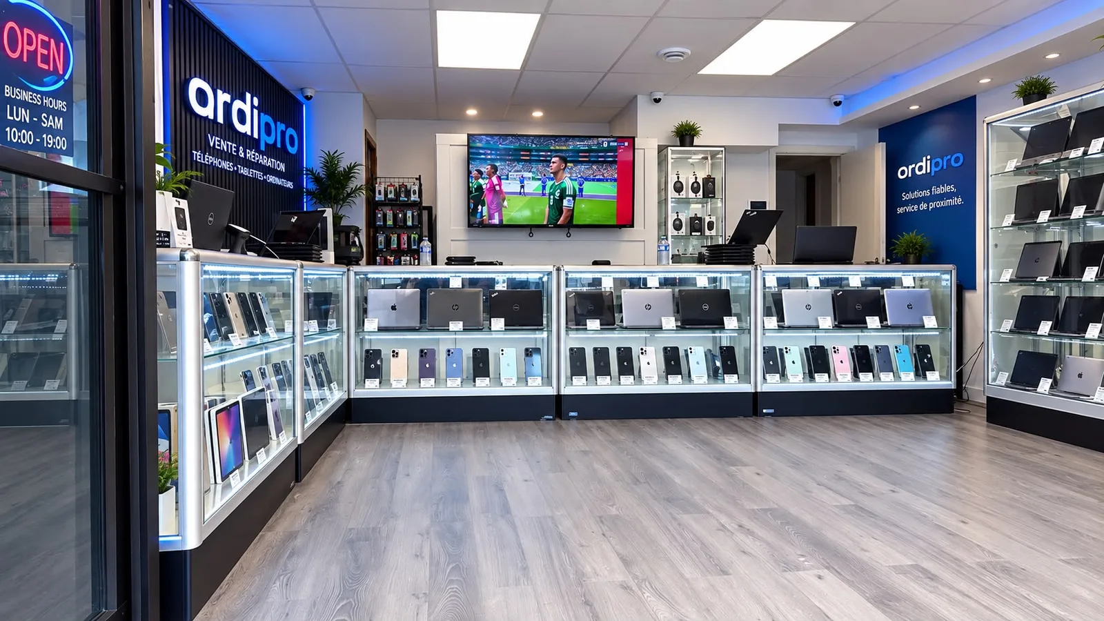 Accessoires, téléphones et ordinateurs présentés dans la boutique OrdiPro Solutions à Montréal